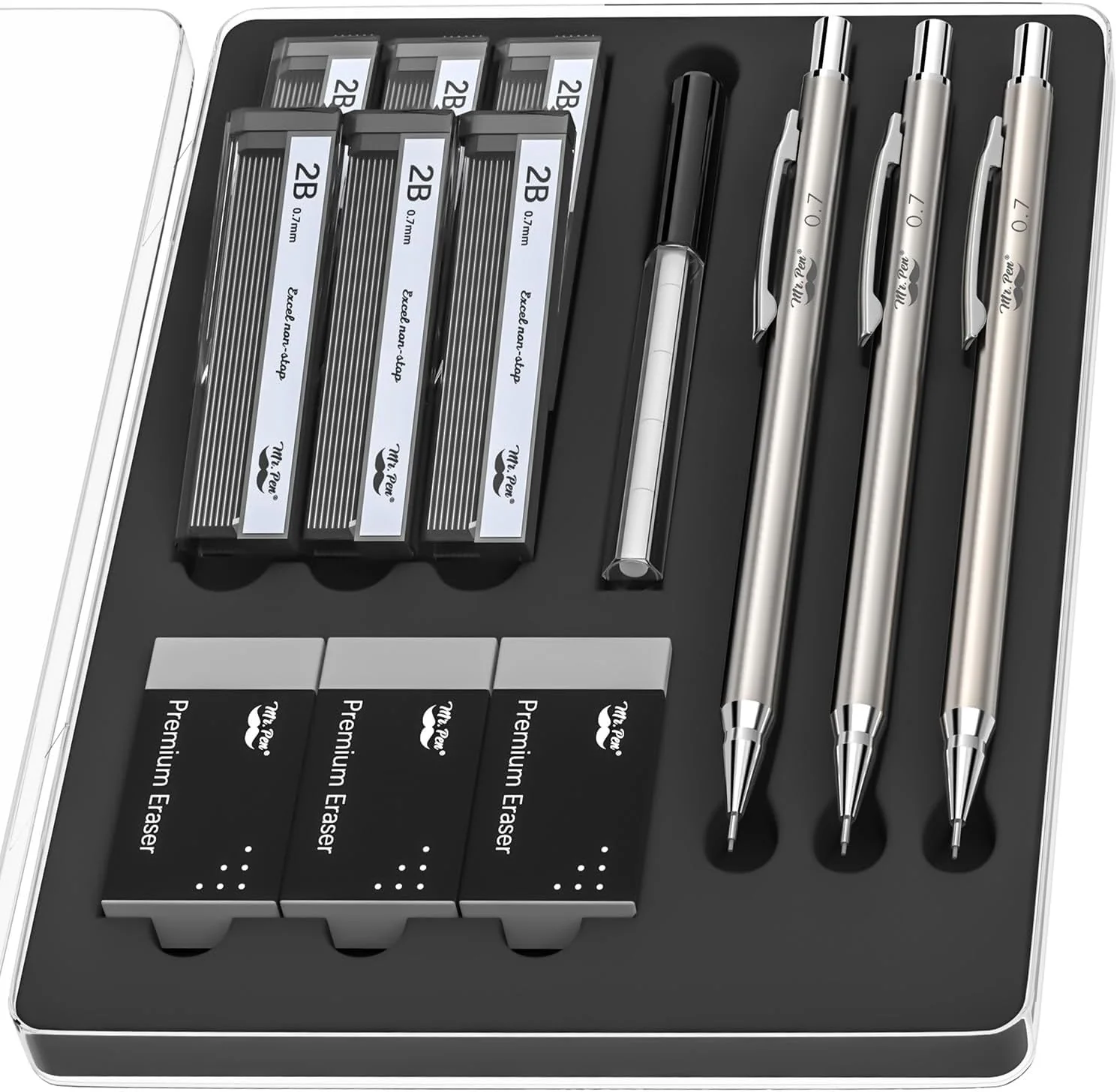 Metal Mechanical Pencil Set, 0.7mm, 3 Pack, Leads & Erasers