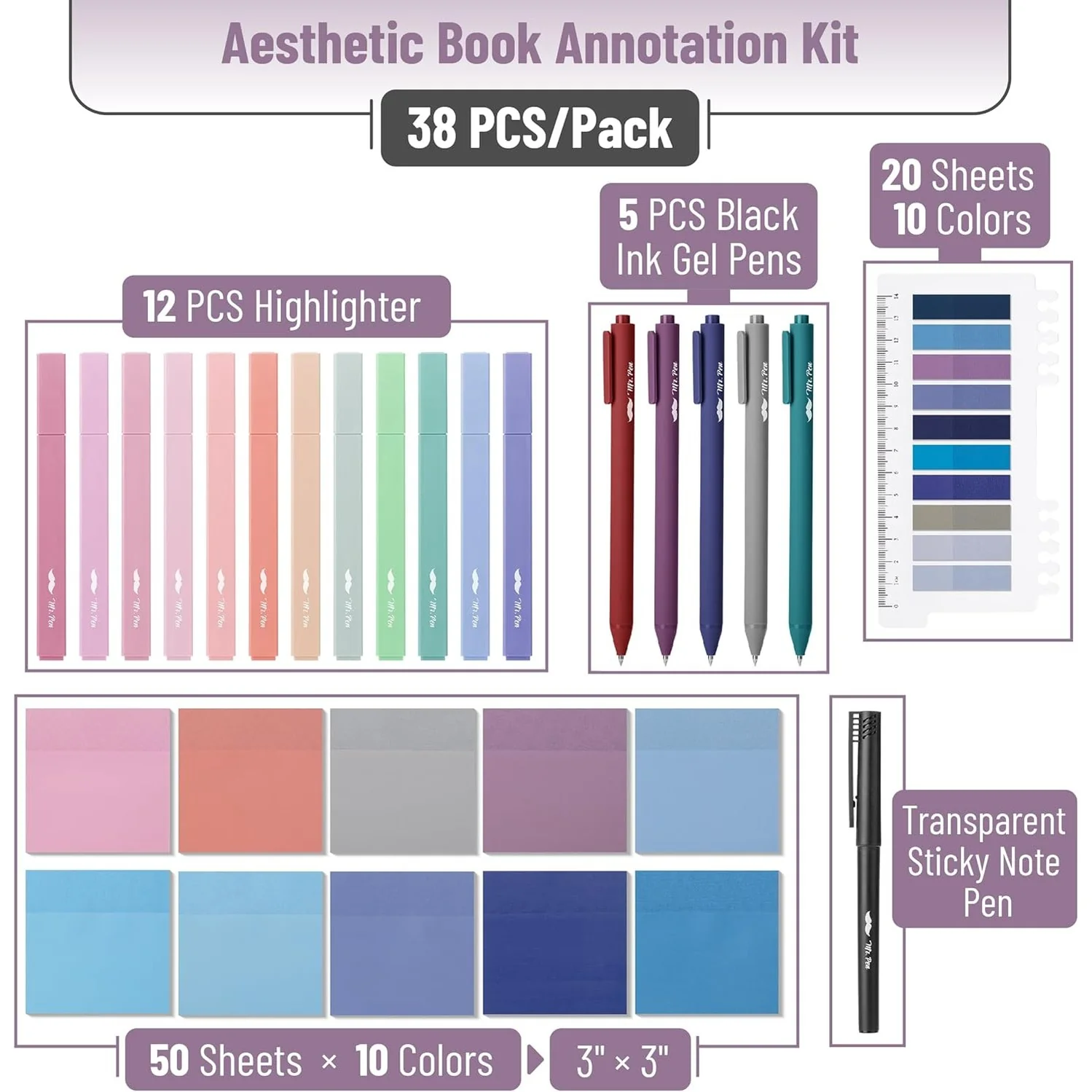 Aesthetic Book Annotation Kit, 38 pcs, Highlighters, Gel Pens, Tabs - Image 2