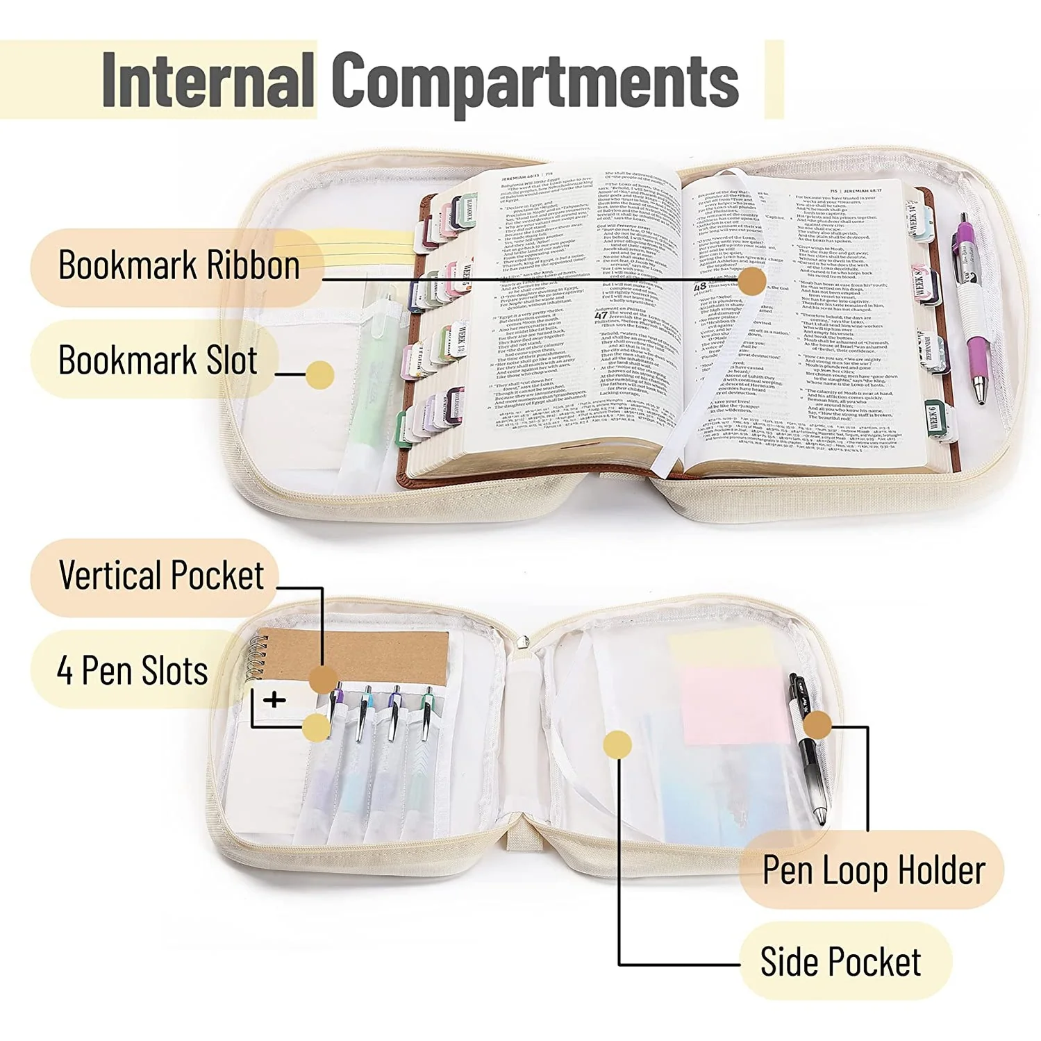 Boho Bible Case for Women, Canvas Cover with Handle & Pockets, Fits Large & Standard Bibles, 10.7" × 8.5" - Image 2