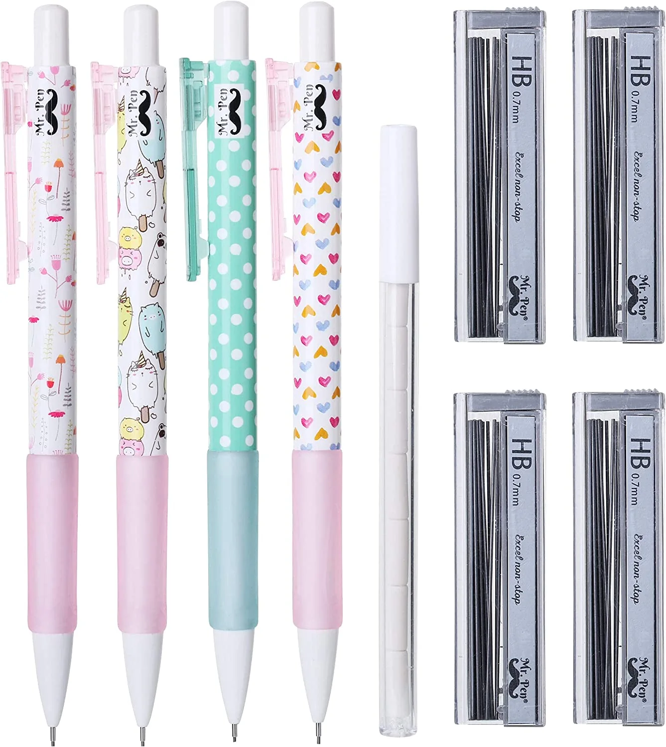 Cute Mechanical Pencil Set, 0.7mm, 16 pcs, Lead + Erasers