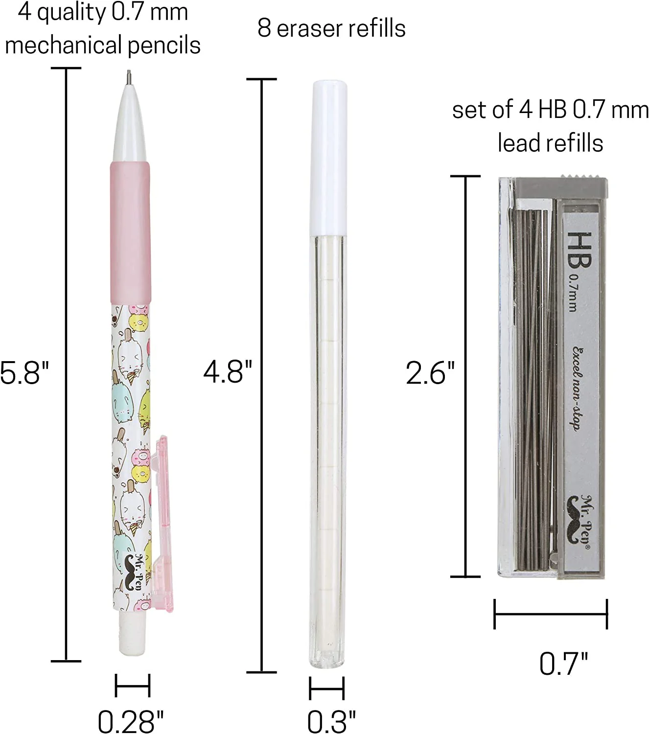 Cute Mechanical Pencil Set, 0.7mm, 16 pcs, Lead + Erasers - Image 2