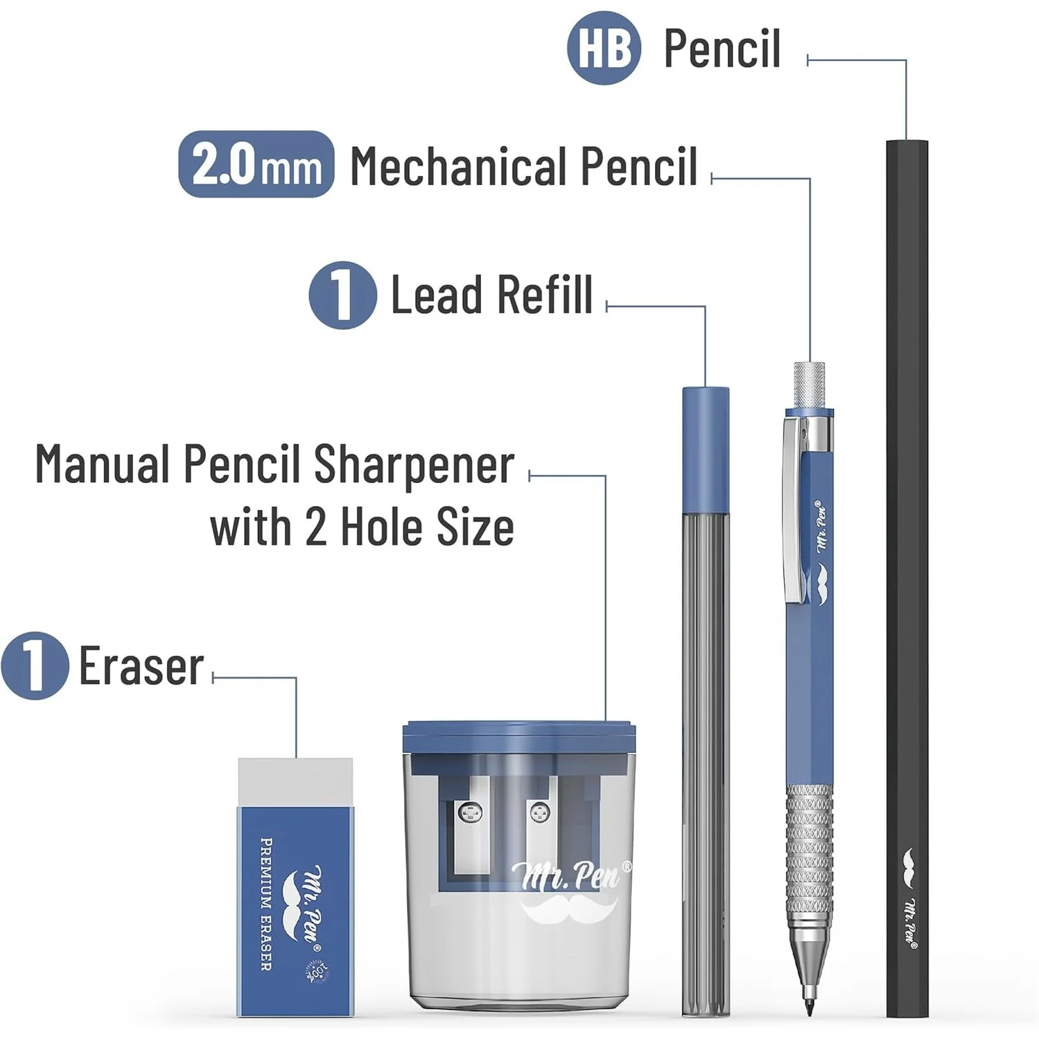 2.0mm Mechanical Pencil Set, 5 pcs, Lead, Eraser, Sharpener - Image 2