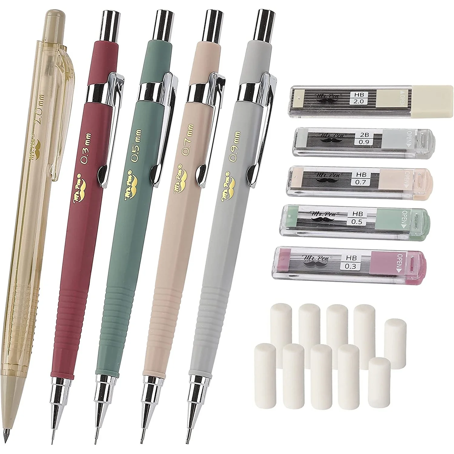 Vintage-Style Mechanical Pencils Set, 5 Sizes, HB Leads