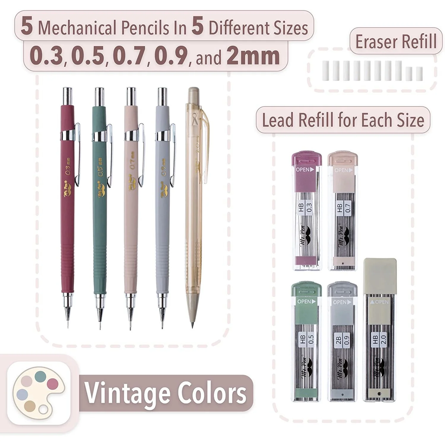 Vintage-Style Mechanical Pencils Set, 5 Sizes, HB Leads - Image 2