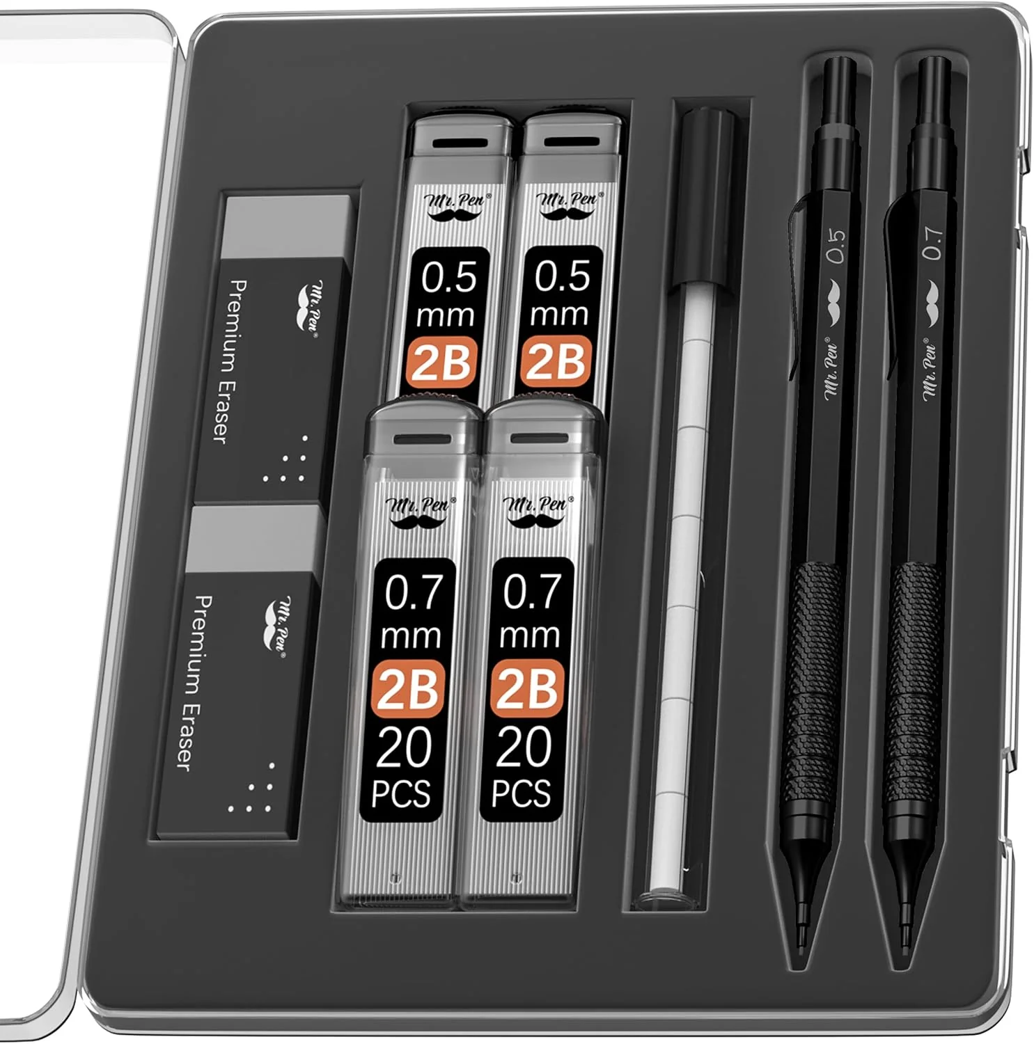 Metal Mechanical Pencil Set, 0.5 & 0.7mm, 80 Lead, Case