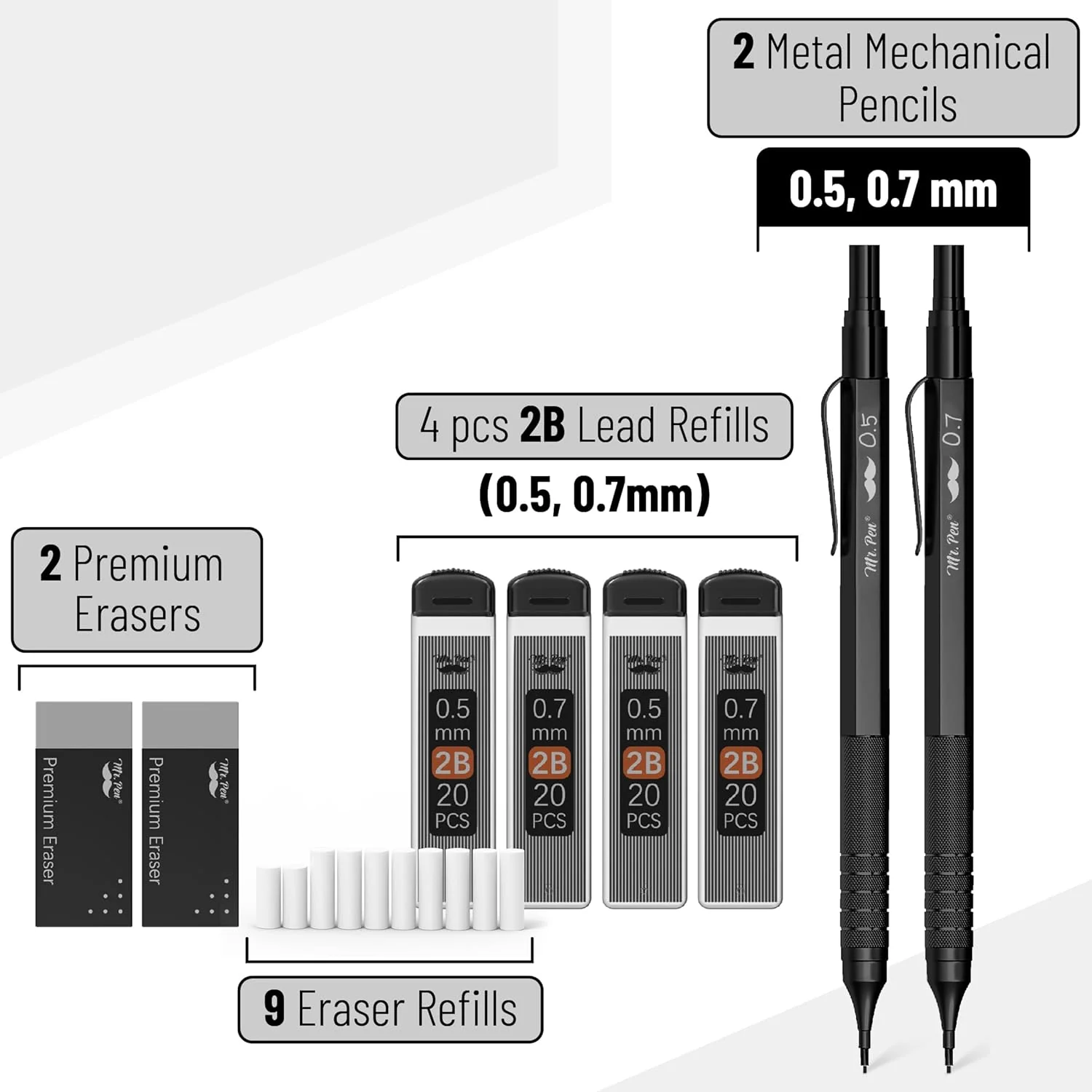 Metal Mechanical Pencil Set, 0.5 & 0.7mm, 80 Lead, Case - Image 2