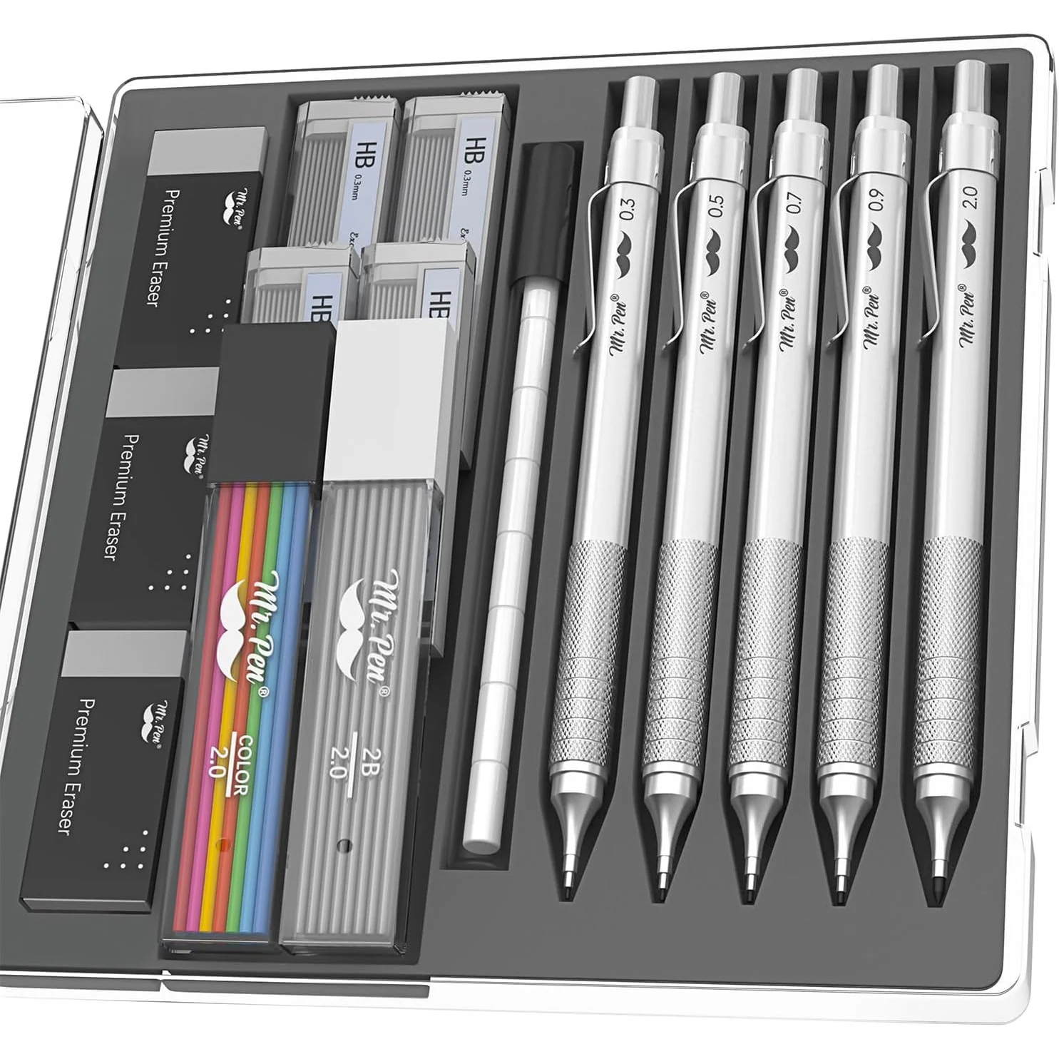Fancy Mechanical Pencil Set with Case, 5 Sizes, Leads & Erasers