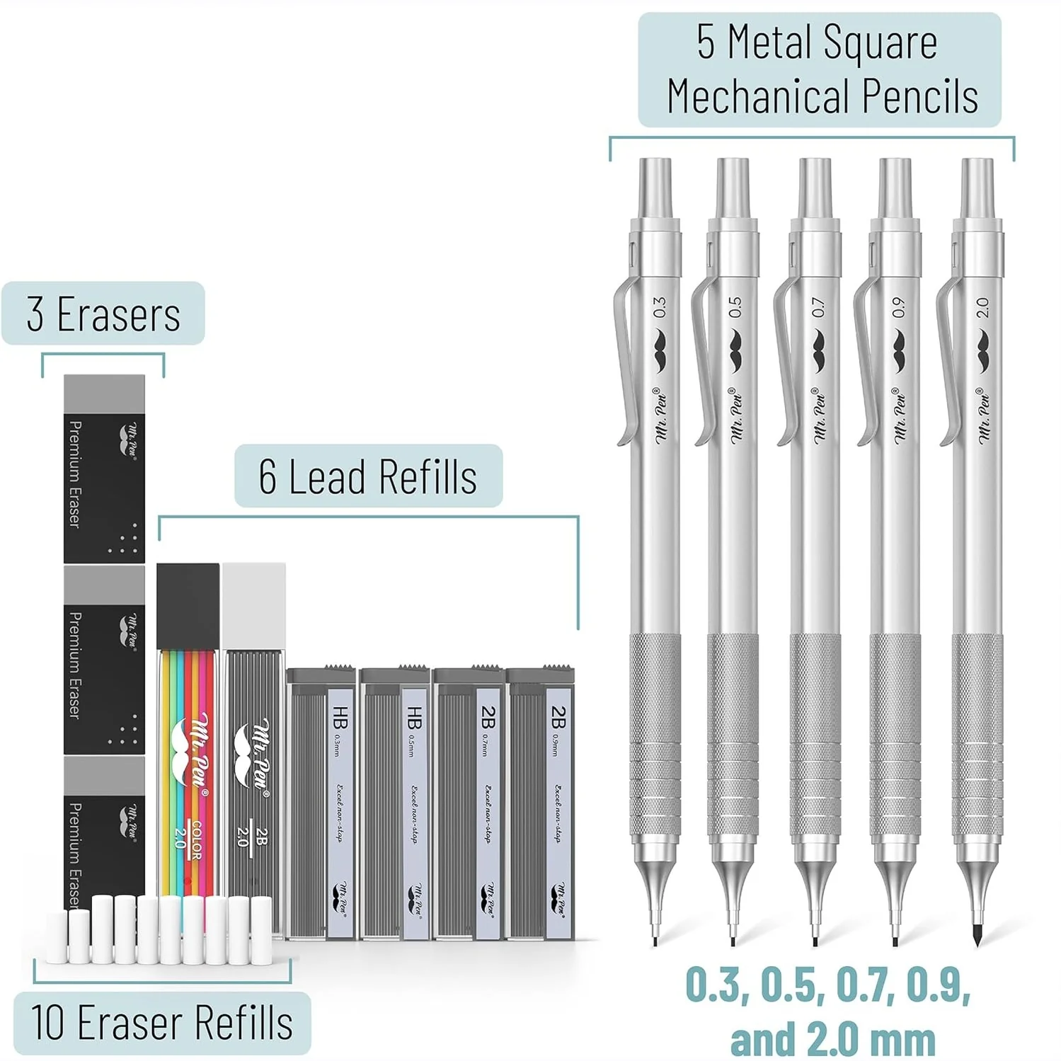 Fancy Mechanical Pencil Set with Case, 5 Sizes, Leads & Erasers - Image 2