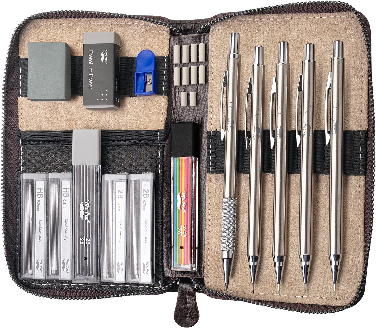Metal Mechanical Pencil Set in Leather Case, 5 Sizes, HB Leads