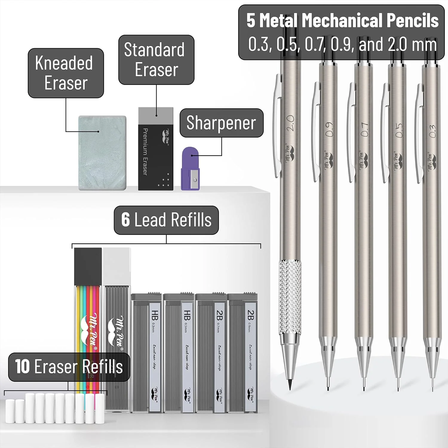 Metal Mechanical Pencil Set in Leather Case, 5 Sizes, HB Leads - Image 2