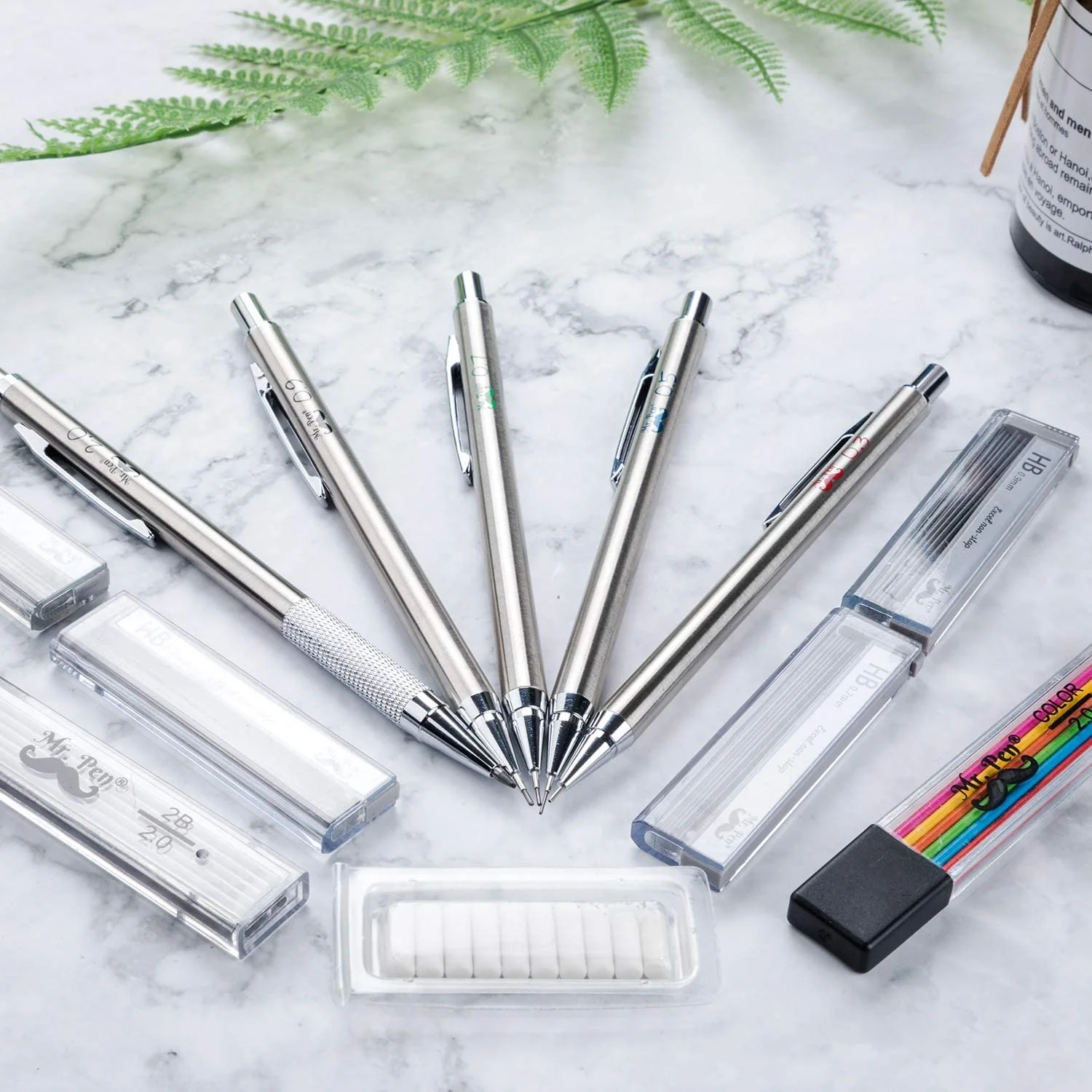 Metal Mechanical Pencil Set with Lead and Eraser Refills, 5 Sizes, 0.3, 0.5, 0.7, 0.9, 2mm, Drafting, Sketching, Architecture, Drawing Metal Mechanical Pencils - Image 8
