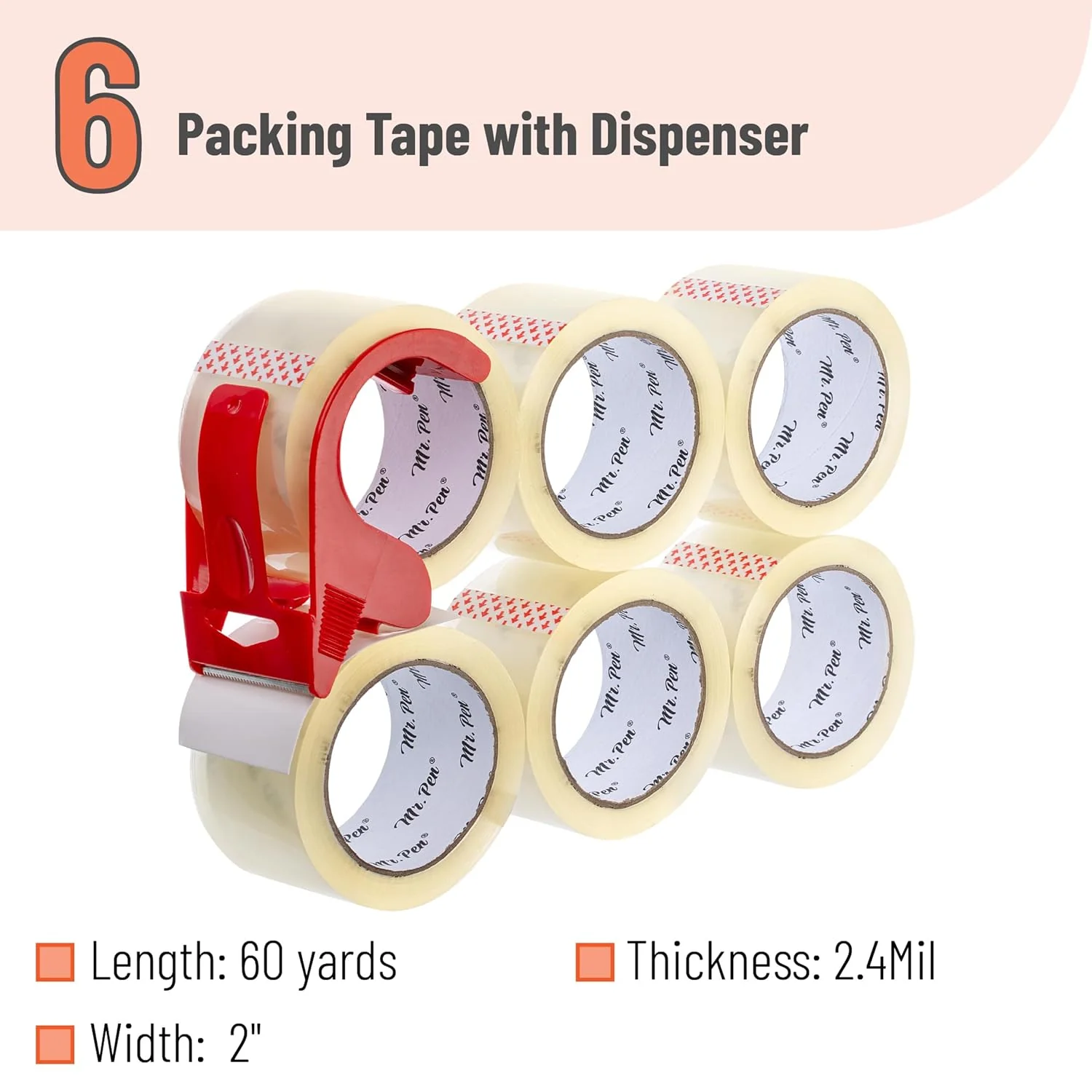 Packing Tape 2” x 60 Yards, 6 Pack + Dispenser Gun, 2.5 Mil - Image 2
