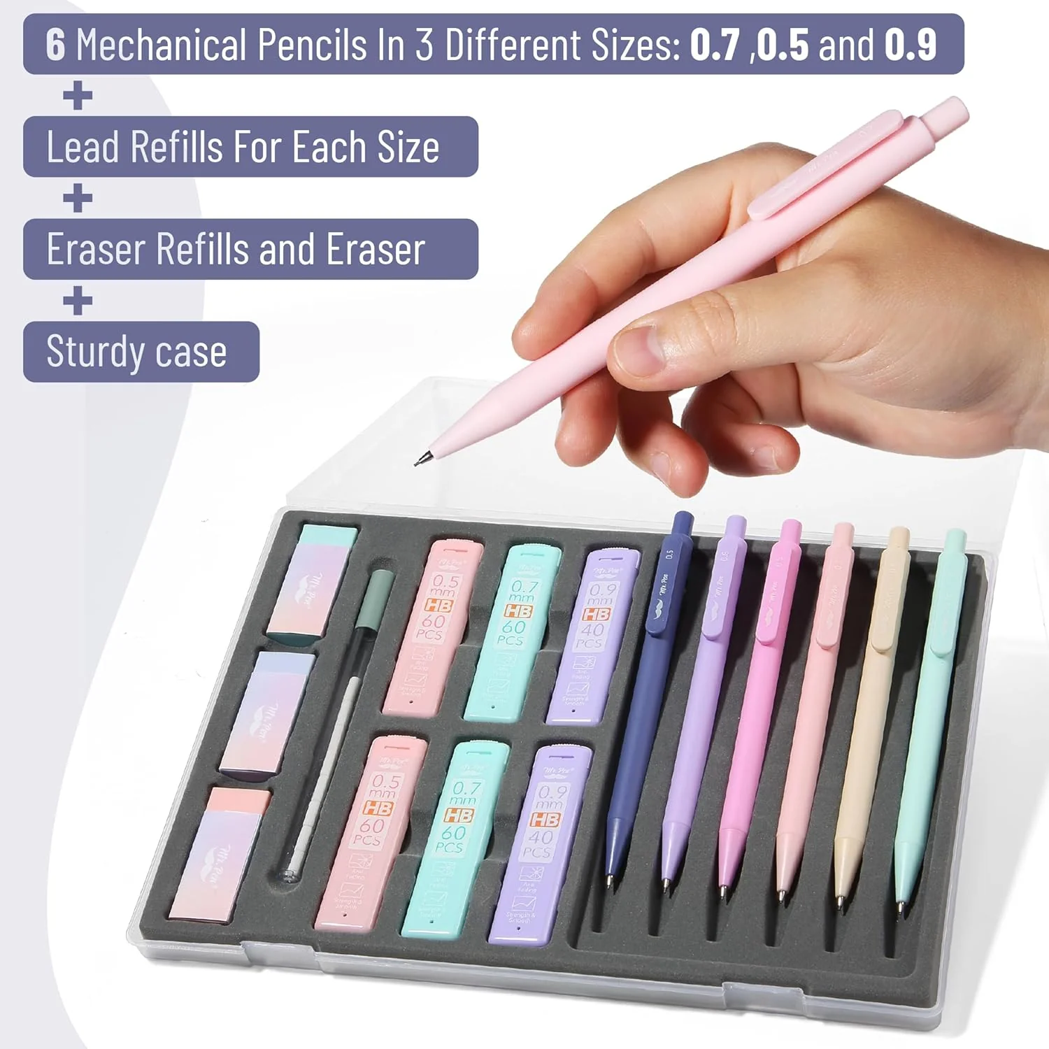 Mr. Pen- Pastel Mechanical Pencil Set with Lead Refills & Erasers, 6 Pack, 3 Sizes, 0.5 0.7 & 0.9mm, Aesthetic Mechanical Pencils Set - Image 2