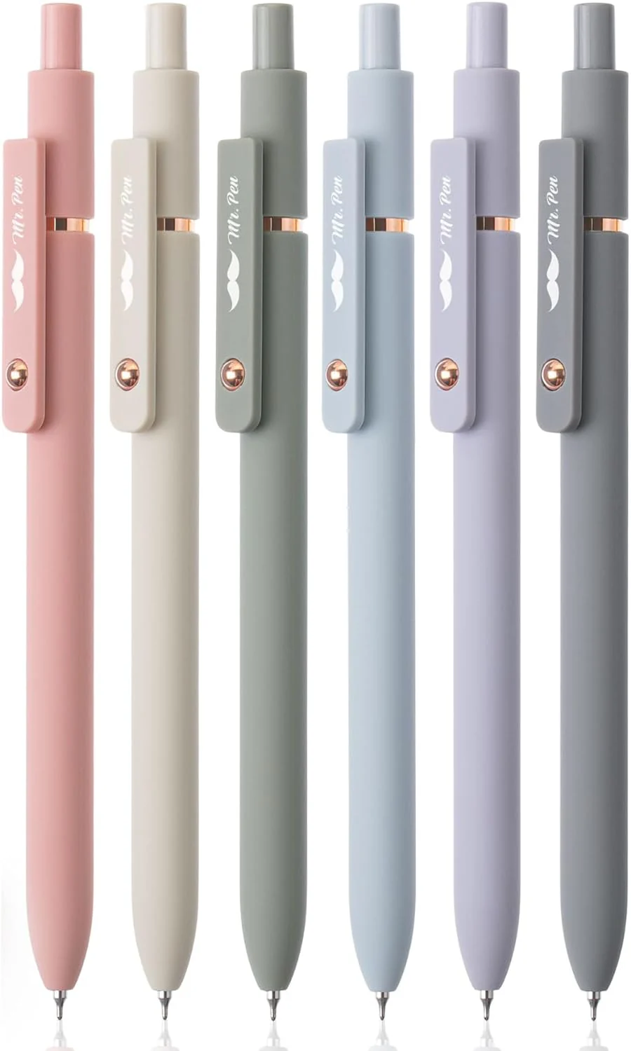 Retractable Gel Pens with Rose Gold Ring and Ball, 6 Pack, Morandi Barrels, Japanese Black Gel Pens, Fast Dry, Gel Pens Fine Point 0.5mm, Smooth Writing Aesthetic Pens for Journaling
