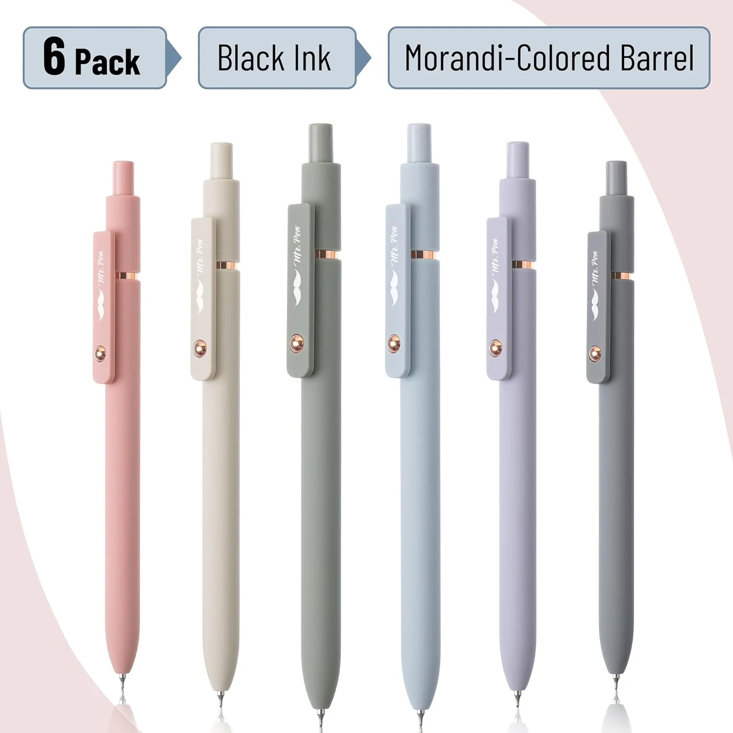 Retractable Gel Pens with Rose Gold Ring and Ball, 6 Pack, Morandi Barrels, Japanese Black Gel Pens, Fast Dry, Gel Pens Fine Point 0.5mm, Smooth Writing Aesthetic Pens for Journaling - Image 2