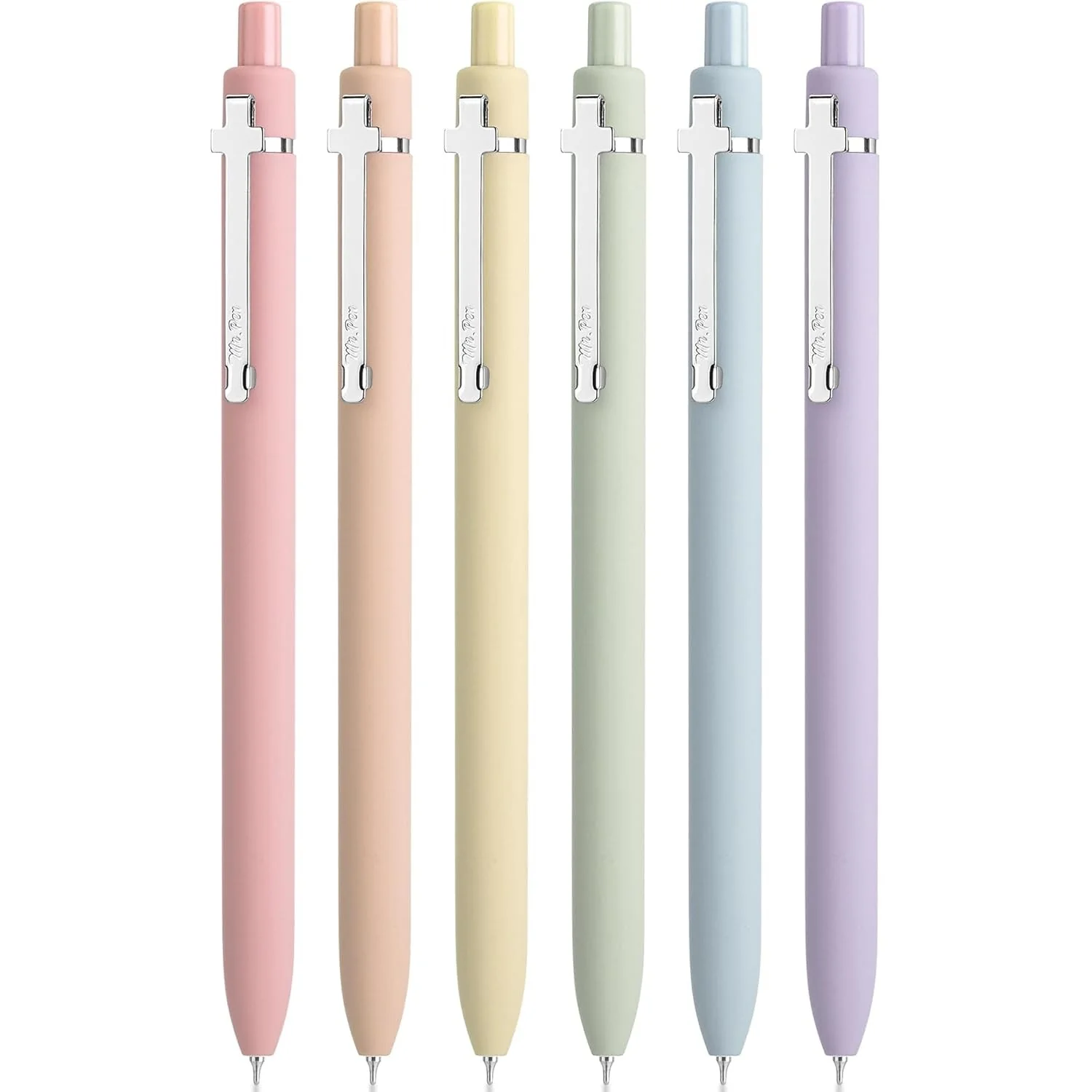 Mr. Pen- Retractable Gel Pens for Journaling, 6 Pack, 0.5 mm Black Ink, Soft Pastel Barrel with Silver Cross Clip