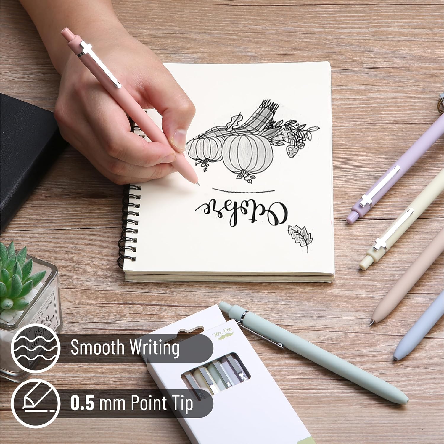 Mr. Pen- Retractable Gel Pens for Journaling, 6 Pack, 0.5 mm Black Ink, Soft Pastel Barrel with Silver Cross Clip - Image 3