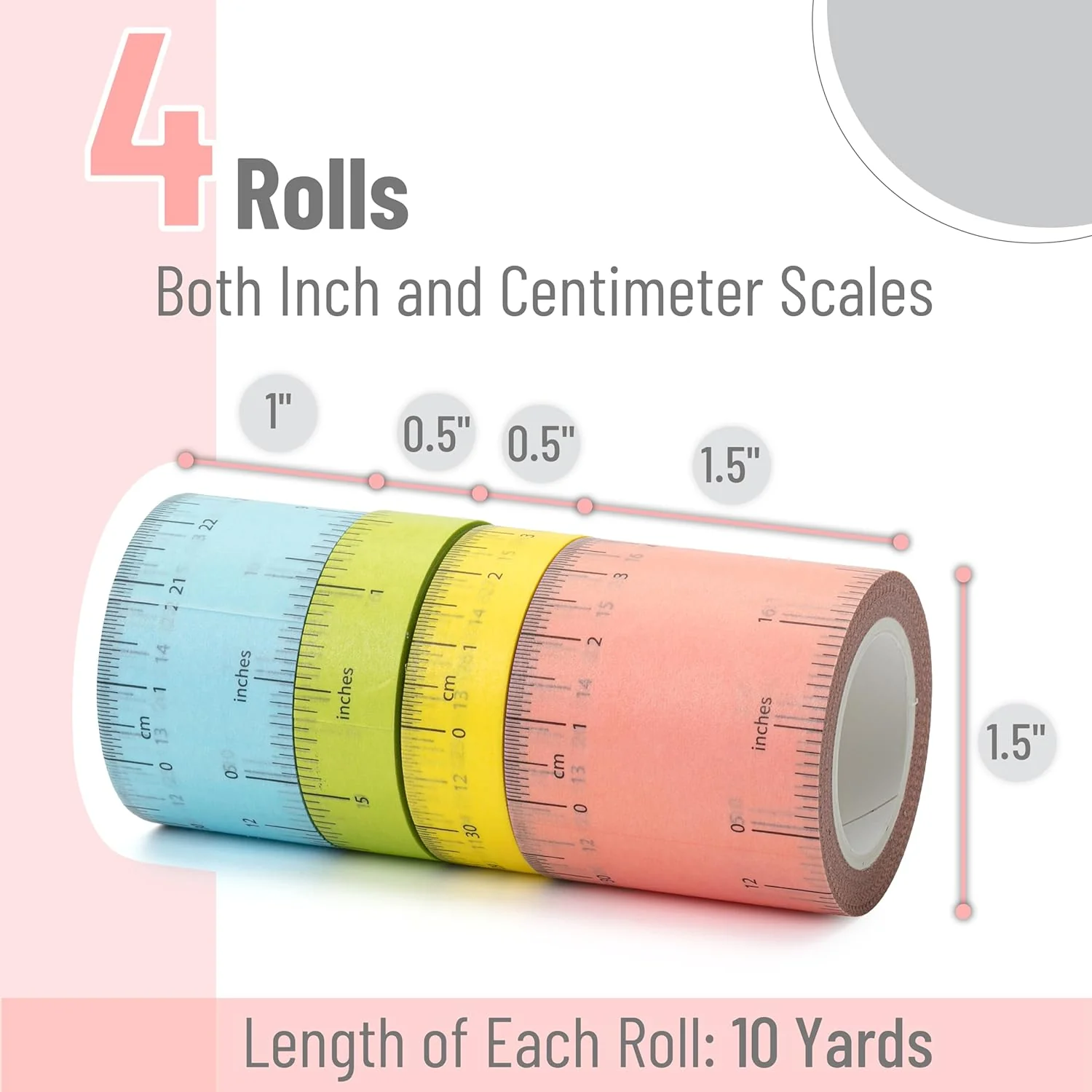 Ruler Washi Tape 4 Pack, 10 Yards Each, Measure Tape - Image 2