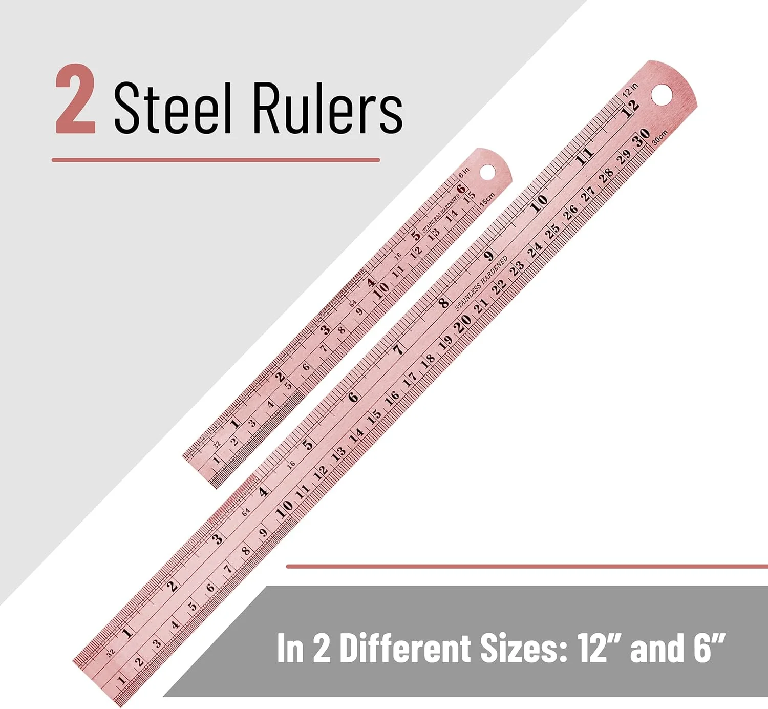 Steel Rulers 2 Pack, 6 & 12 Inch, Rose Gold - Image 2