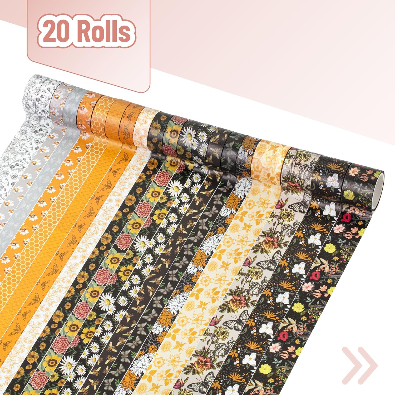 Washi Tape Set, 20 Rolls, Golden Hives Theme, Assorted Widths - Image 2