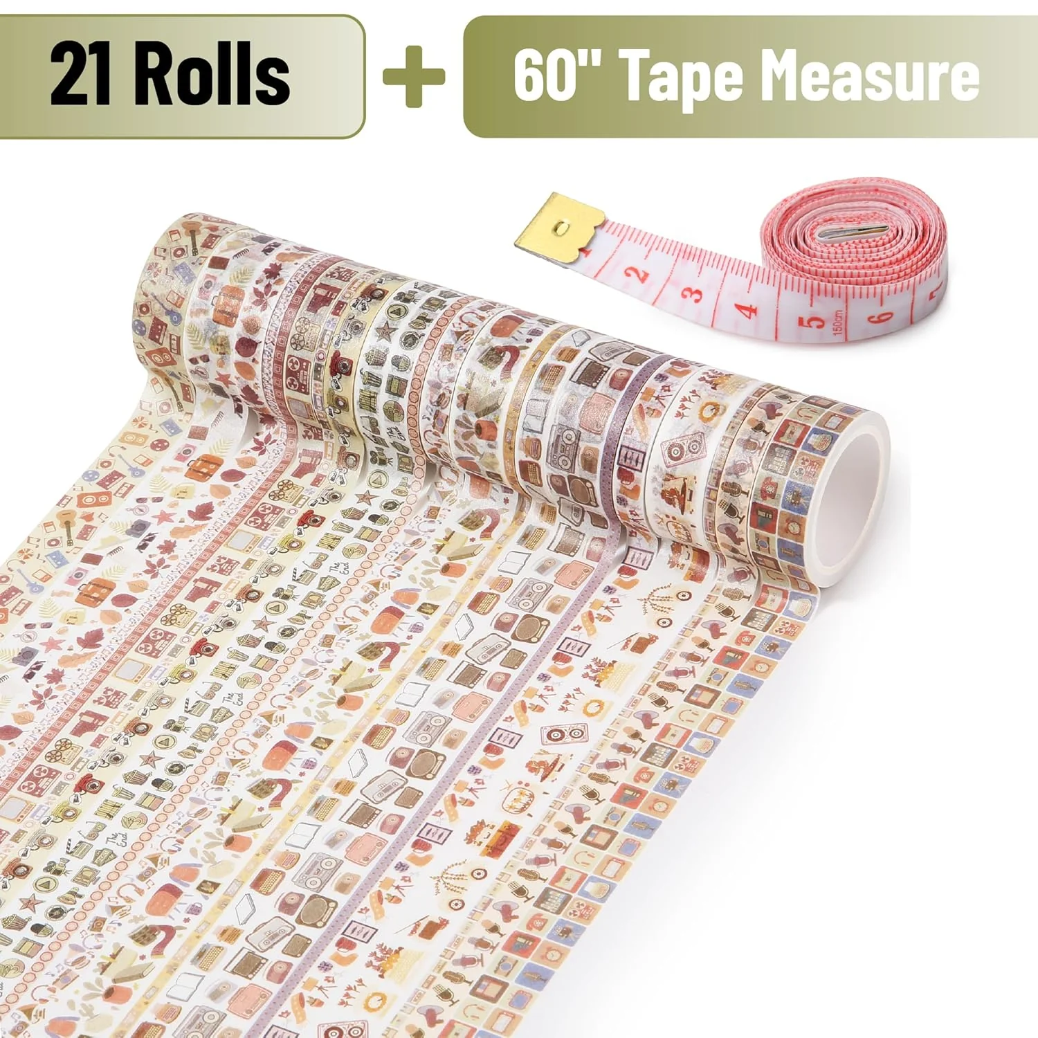 Nostalgic Washi Tape Set, 21 Rolls, Retro Icons, Assorted Widths - Image 2