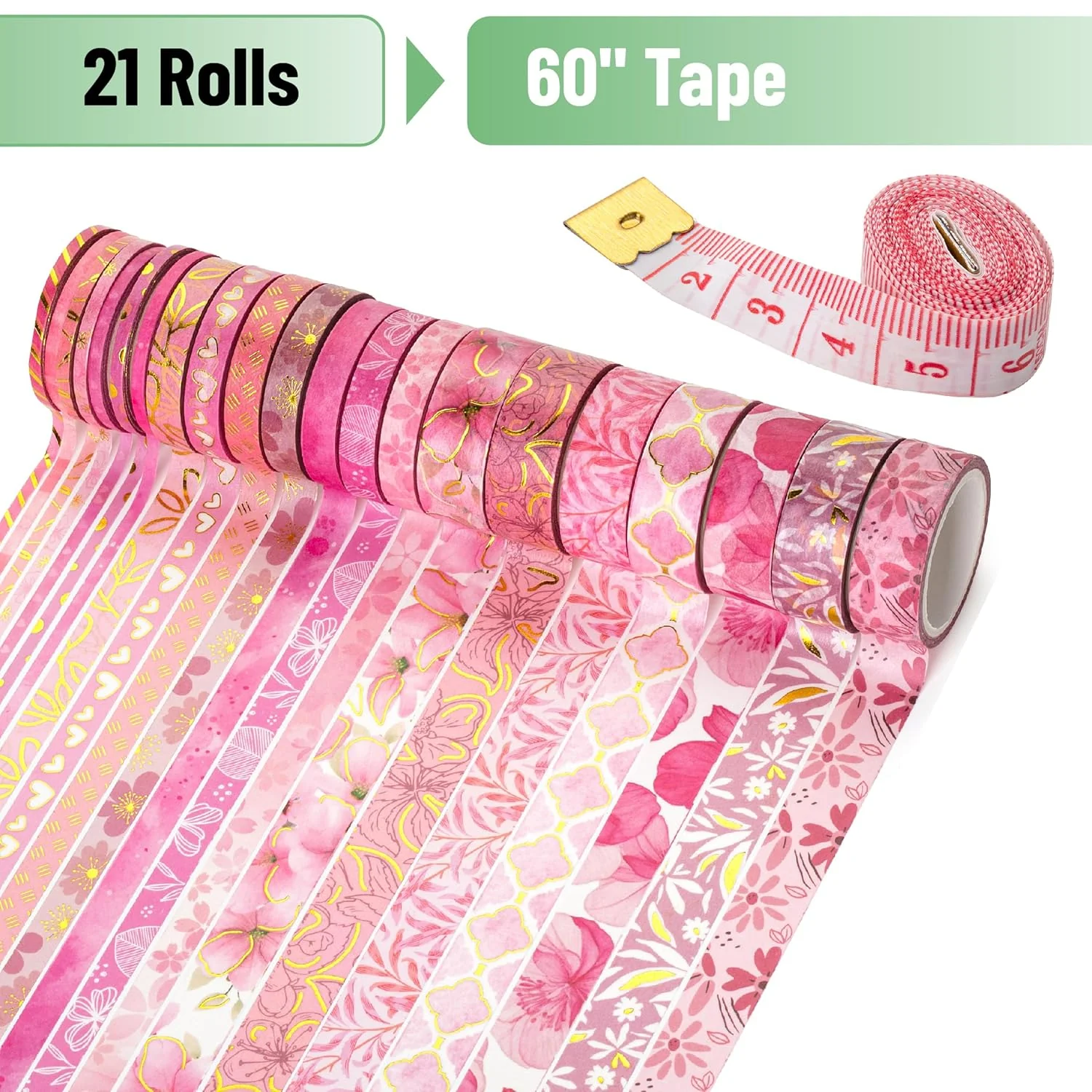 Mr. Pen- Washi Tape Set, 21 Rolls, Floral Pink, Decorative Tape with Measure Tape - Image 2