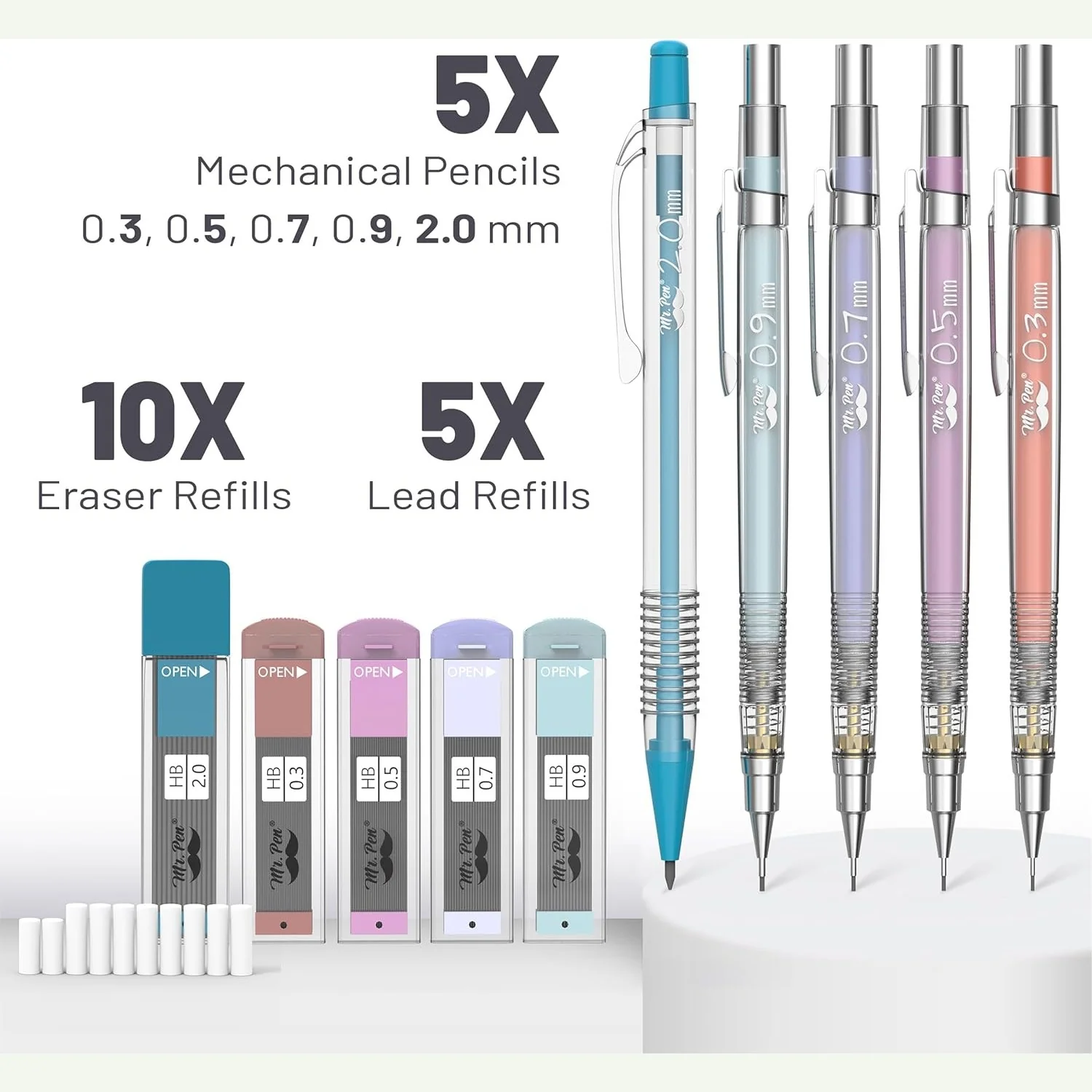 Pastel Mechanical Pencil Set with Refills, 5 Sizes, Clear Barrel - Image 2